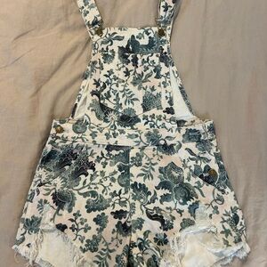 Pilcro Blue greenish  and Cream Floral Denim overall short with distress on hem